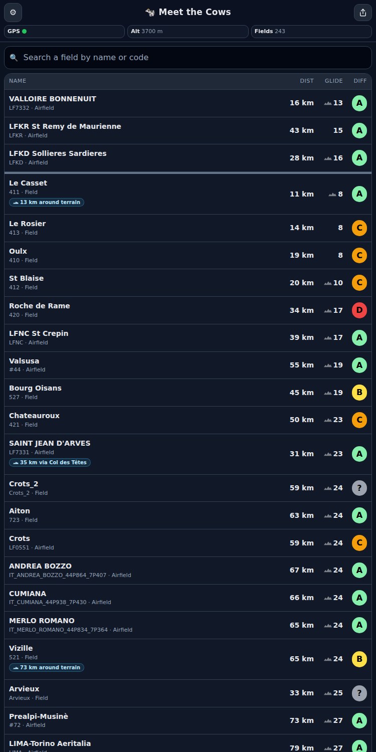 Field list from 3700 m over the Haute-Maurienne. Three A-rated airfields are pinned above a divider at required glide 13, 15 and 16; below it sit fields rated C at glide 8 and 10 — easier numbers, lower rank. A mountain mark beside a ratio means the glide was routed around terrain.